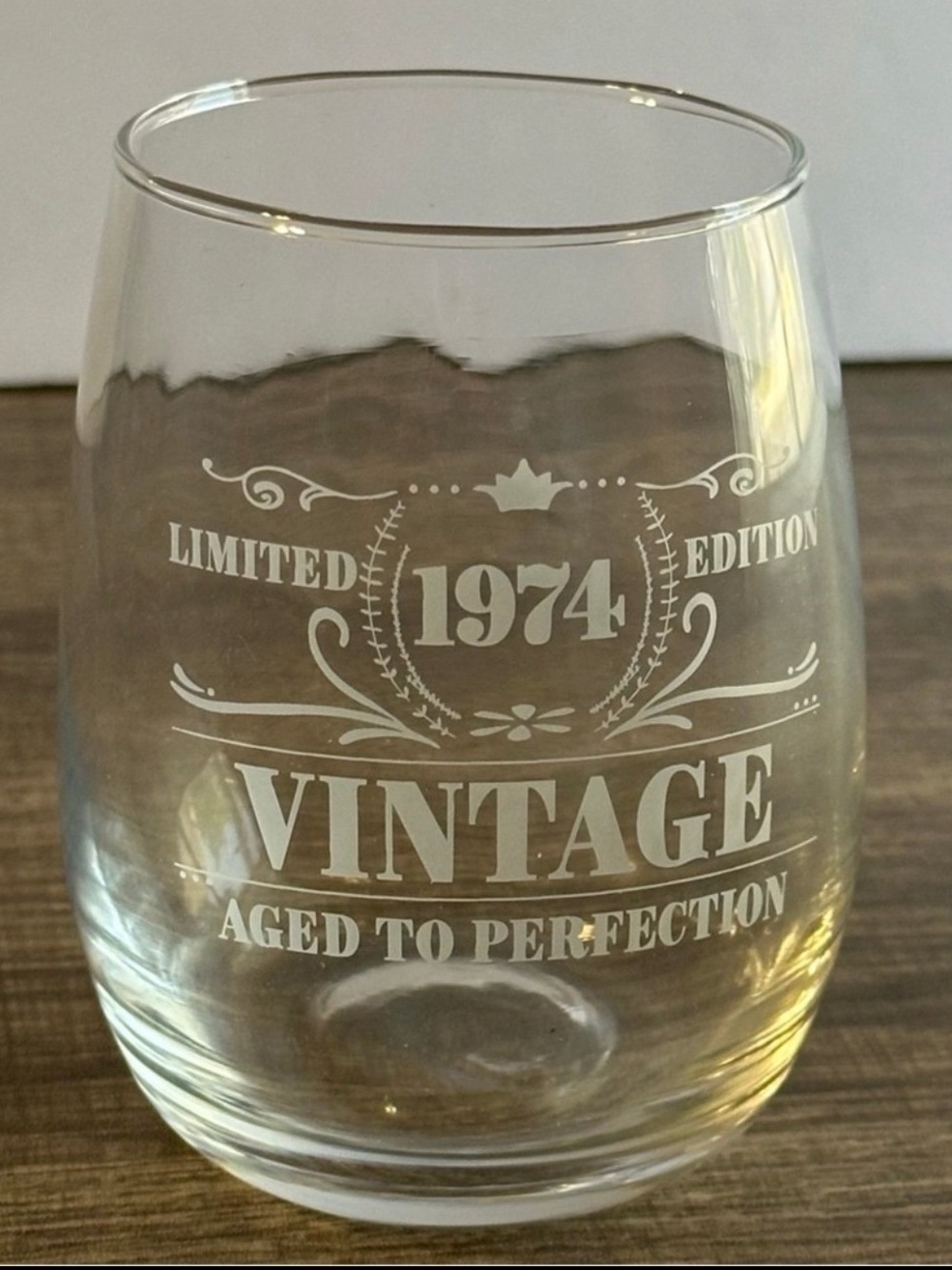 “Vintage 1974 Limited Edition Aged To Perfection” Stemless Wine Glass Gift NEW